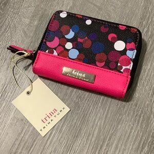 Trina Turk pink & black dots zip around wallet